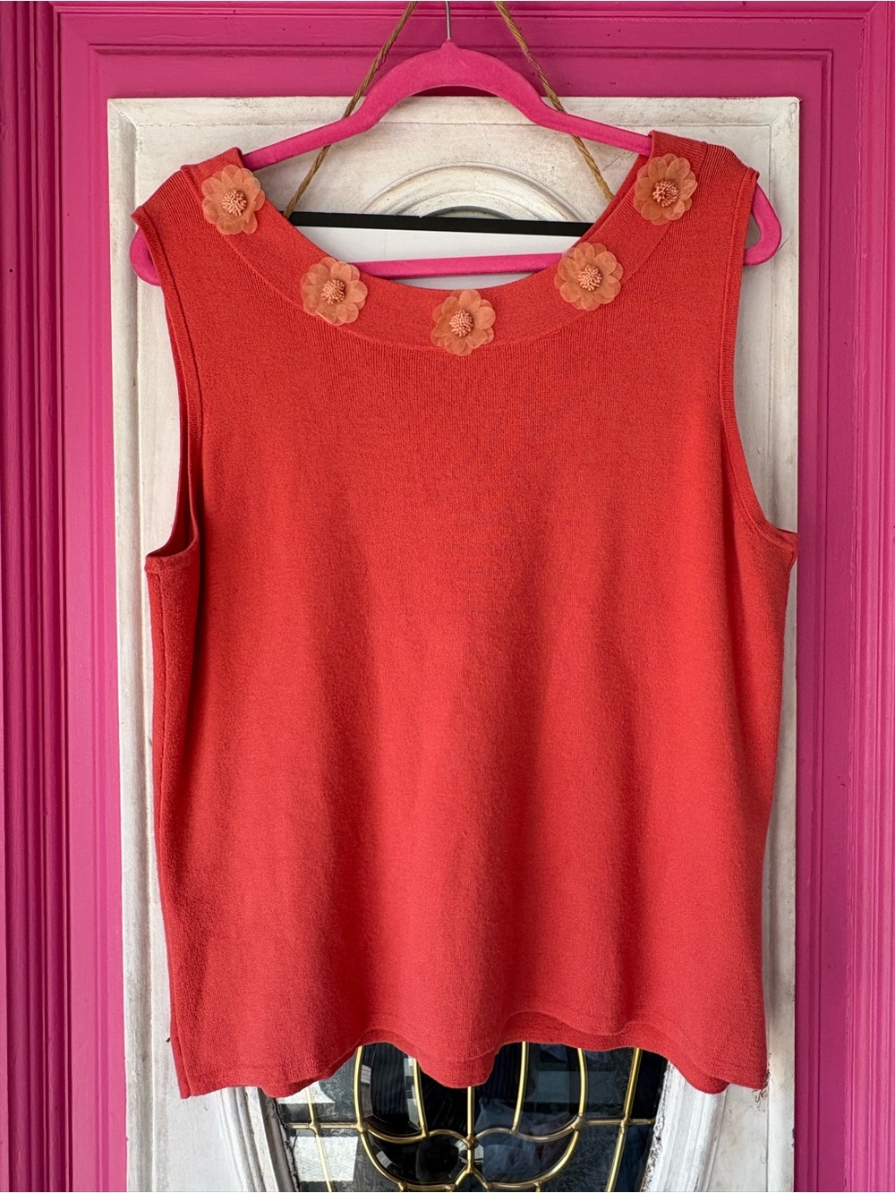 Larry Levine Coral Red Sleeveless Knit Camisole with Flower Appliqués